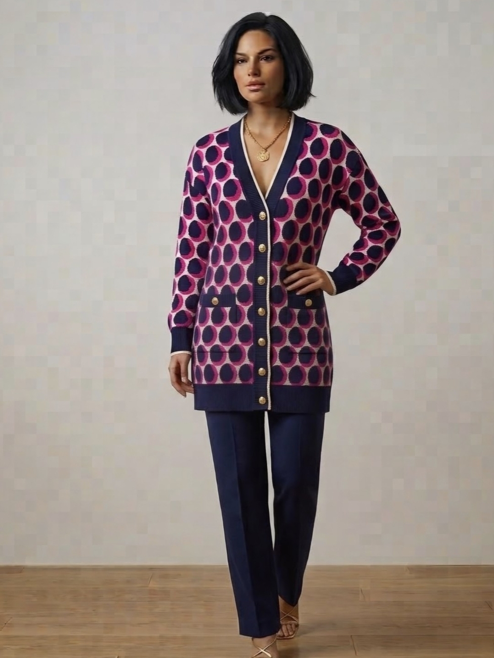Charter Club Pink & Navy Polka Dot Long Cardigan
